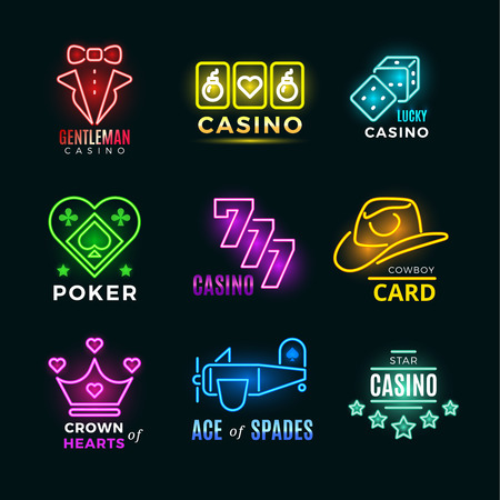 Neon light poker club and casino vector signs set. Fortune and risk, illumination illustrationのイラスト素材