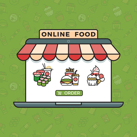 Online food ordering grocery shopping vector concept in trendy linear style. Ice cream and sushi, burger and cake illustrationのイラスト素材