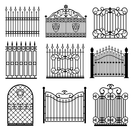 Decorative black silhouettes of fences with gates vector set. Decoration architecture lattice structure illustrationのイラスト素材