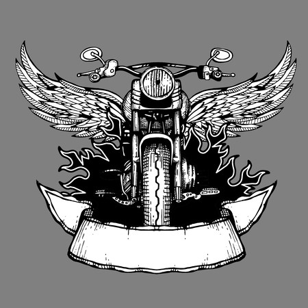Vintage biker vector label, emblem, badge with motorcycle. Motorbike with wings illustrationのイラスト素材