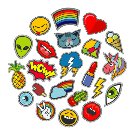 Cute vector patches icons in circle design. Unicorn and alien, pineapple and thunderstorm illustrationのイラスト素材