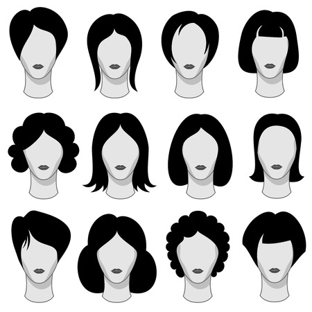 Woman hairstyle black vector hair silhouettes. Wig on head of mannequin illustrationのイラスト素材