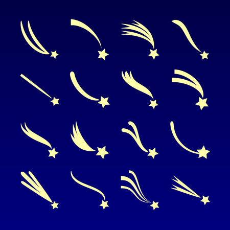 Shooting star, comet silhouettes vector icons isolated on dark blue background. Meteor falling illustrationのイラスト素材