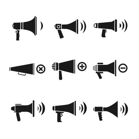 Megaphone and loudspeaker, audio speaker, volume vector icons. Control power sound button illustrationのイラスト素材