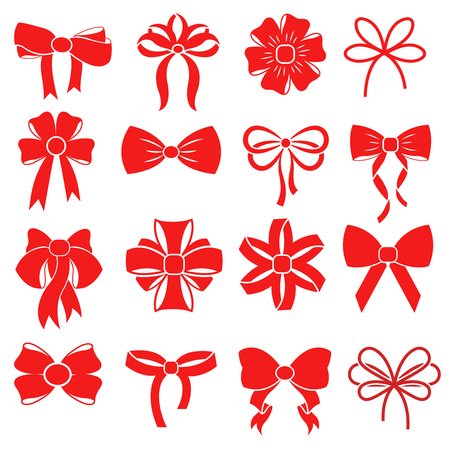 Red gift bow for celebration christmas and present to birthday. Illustration of vector silhouettes for decorationのイラスト素材