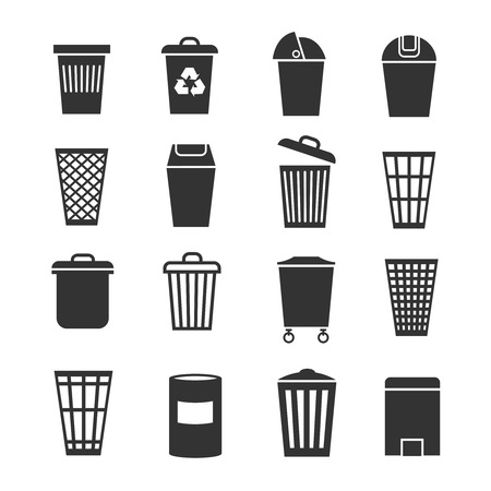 Trash can, waste basket, trash bin, garbage vector icons. Dustbin and container, trashcan bucket illustrationのイラスト素材
