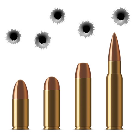 Vector shot gun bullets and bullet holes isolated on white background. Gunshot and caliber of weapon bullets illustrationのイラスト素材