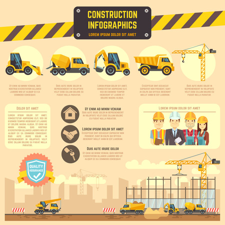 Construction infographic vector template with construction machinery, charts, diagrams for business presentation. Illustration of construction information bannerのイラスト素材