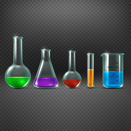 Chemical laboratory with chemicals in test tube equipments vector illustration. Beaker with color sample substanceのイラスト素材