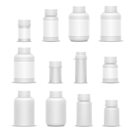 Realistic vector plastic packaging medicine bottles for cosmetics vitamins pills or capsules. Mockup object container for tablet drug illustrationのイラスト素材