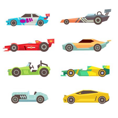 Sport racing car flat vector icons isolated on white background. Speed motor drive illustrationのイラスト素材