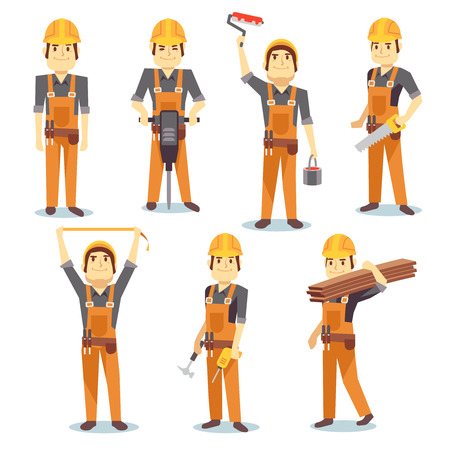 Construction engineering industrial workers working with building tools and equipment vector people character set. Architect and foreman, carpenter and repairman illustrationのイラスト素材