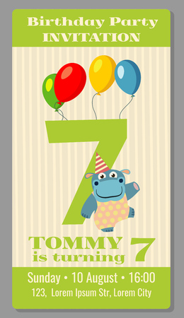 Kids birthday party invitation card with funny hippo vector illustrationのイラスト素材