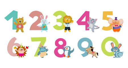 Kids numbers with cartoon animals for education. Vector illustrationのイラスト素材