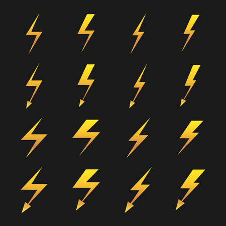 Set of yellow lightnings isolated on black background. Vector illustrationのイラスト素材