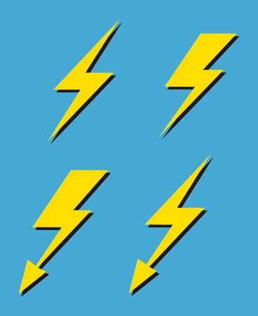 Set of vector yellow lightnings isolated on blue background illustrationのイラスト素材