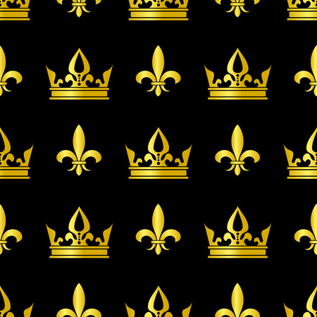 Golden crowns and fleur de lis vector seamless pattern. Queen vintage background illustrationのイラスト素材