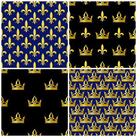 Golden crowns and fleur de lis seamless patterns set. Royal background collection illustrationのイラスト素材