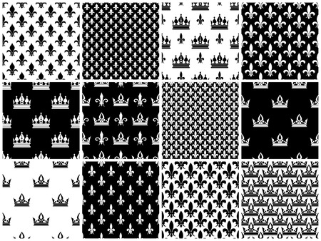 Vector crowns and fleur de lis seamless patterns set in black white. Wallpaper decoration with crown illustrationのイラスト素材