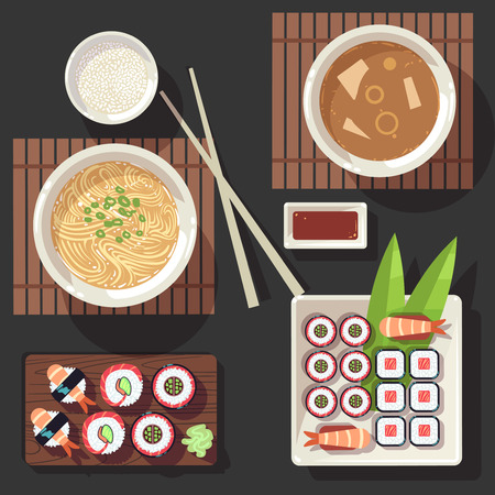 Japanese cuisine vector illustration set. Traditional food in japan restaurantのイラスト素材