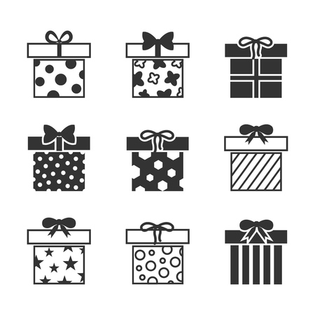 Gift boxes vector icons set in black and white color. Monochrome box for birthday illustrationのイラスト素材
