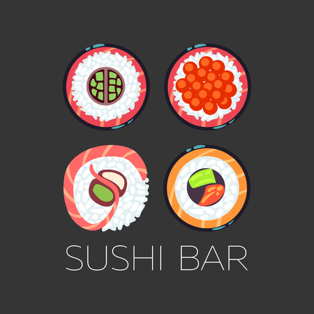 Black sushi bar food vector template. Set of emblem for restaurant illustrationのイラスト素材