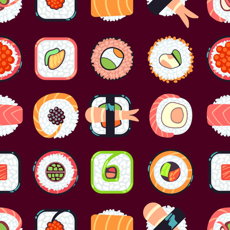Japanese food sushi vector seamless pattern. Background with roll seafood illustrationのイラスト素材