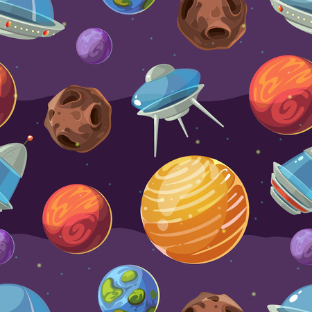 Seamless space vector kids pattern with planets and spaceships. Background with space ship and cartoon cosmos illustrationのイラスト素材