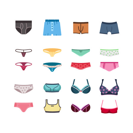 Male and female underwear, pants, bra flat vector icons. Wear underpants and fashion illustration pantiesのイラスト素材