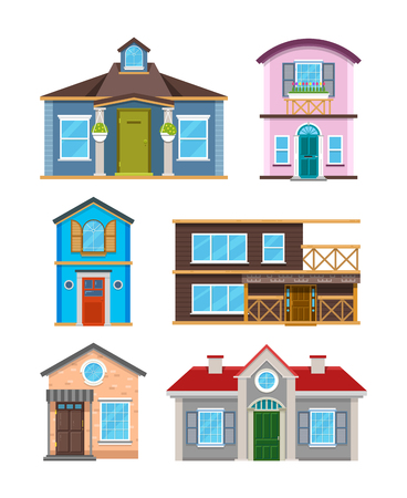 Modern residential building houses cartoon vector collection. Architecture home cottage and exterior residence color illustrationのイラスト素材