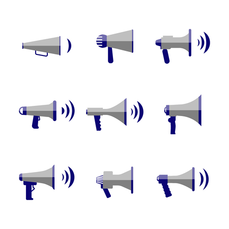 Bullhorn and megaphone, communication, sound, loudspeaker vector flat icons set. Music reproducer illustrationのイラスト素材