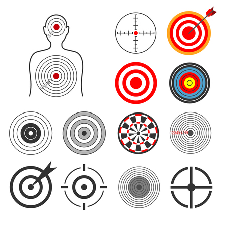 People, animals, dart, silhouette shooting target vector set. Goal and center aim, success concept illustrationのイラスト素材