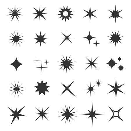 Shining sparkling stars black vector symbols. Monocchrome flash effect illustrationのイラスト素材