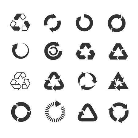 Recycle icons vector set. Triangle and round emblems for conservation and saving illustrationのイラスト素材