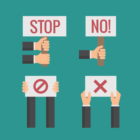 Hands holding No, Stop, Cross, Forbid protest signs. Vector flat set. Revolution and objections, page with text illustrationのイラスト素材