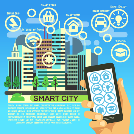 Smart city vector flat concept with internet thing, business communication and technology icons. Smart energy and education, innovation concept illustrationのイラスト素材