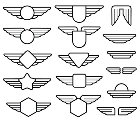 Wing army emblems, aviation badges, pilot labels line vector set. Shield with wings insignia illustrationのイラスト素材