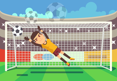 Soccer, football goalkeeper catching ball in goal vector illustration. Sport player on stadiumのイラスト素材