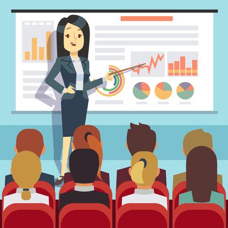 Business conference, seminar with speaker in front of audience. Business motivation vector concept. Businesswoman presentation lecture illustrationのイラスト素材