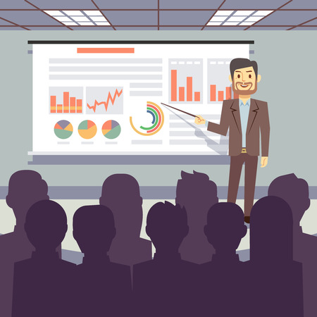 Public business training, conference, workshop presentation vector concept. Business seminar with teacher success businessman illustrationのイラスト素材