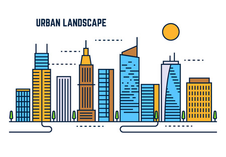 Urban cityscape flat line vector design. Building architecture downtown, skyscraper in business city illustrationのイラスト素材