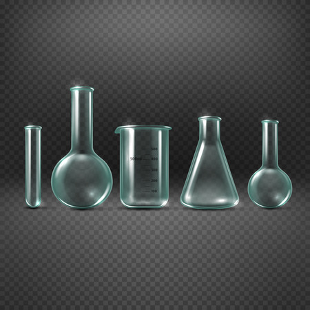 Chemical realistic test tubes vector set. Beaker glass for analysis and medicine experiment illustrationのイラスト素材