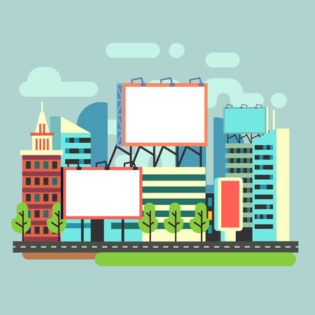 Urban empty advertisement billboards in flat city vector illustration. Banner for promotion advertiseのイラスト素材