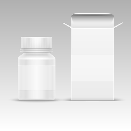 Medical blank packaging paper box and medicine plastic bottle for pills isolated on white vector illustration. Mockup of container for tablet and drugのイラスト素材
