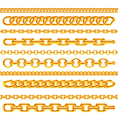 Realistic gold necklace chains vector brushes set. Golden metal chain link for decoration illustrationのイラスト素材