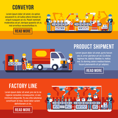 Automation conveyor factory line with robotic hands horizontal banners vector set. Shipment and distribution, logistics and process production illustrationのイラスト素材