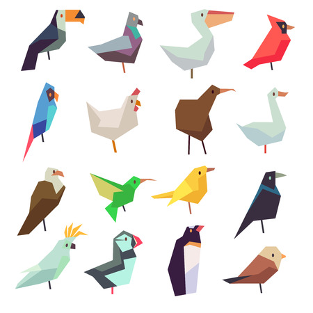 Birds in flat style vector collection. Chicken and parrot, sparrow and pigeon illustrationのイラスト素材