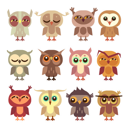 Funny cartoon owls vector set. Wild bird predator, little owlet illustrationのイラスト素材