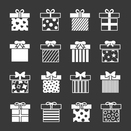 Gift boxes vector icons set in black and white. Christmas package to celebration illustrationのイラスト素材