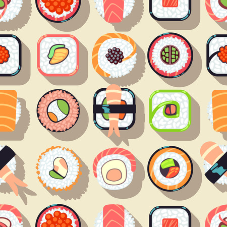 Japanese food sushi vector seamless pattern. Roll with rice background illustrationのイラスト素材